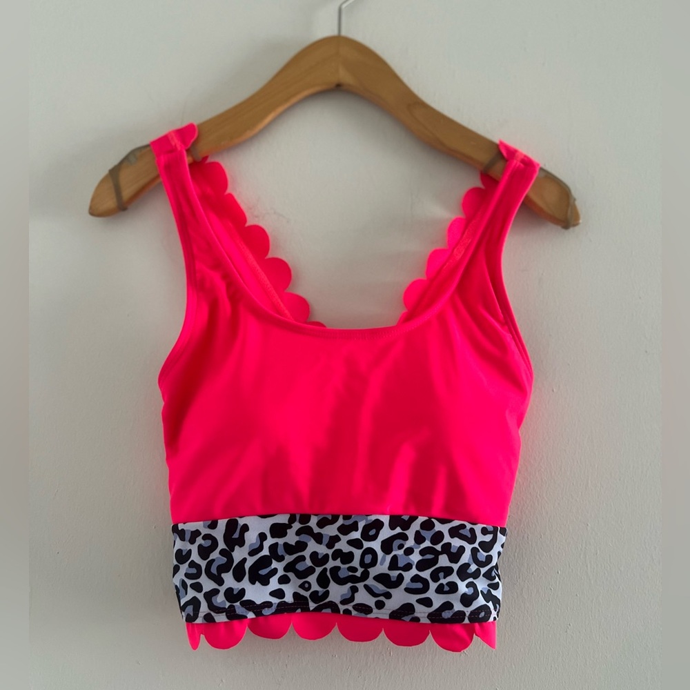 Hot Pink Snow Leopard Scalloped Bathing Suit Swim Tank Top Sz M
